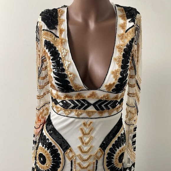 Starlet London Selena Embellished Plunge Mini Dress Sequins White Gold 2 New - Picture 4 of 15